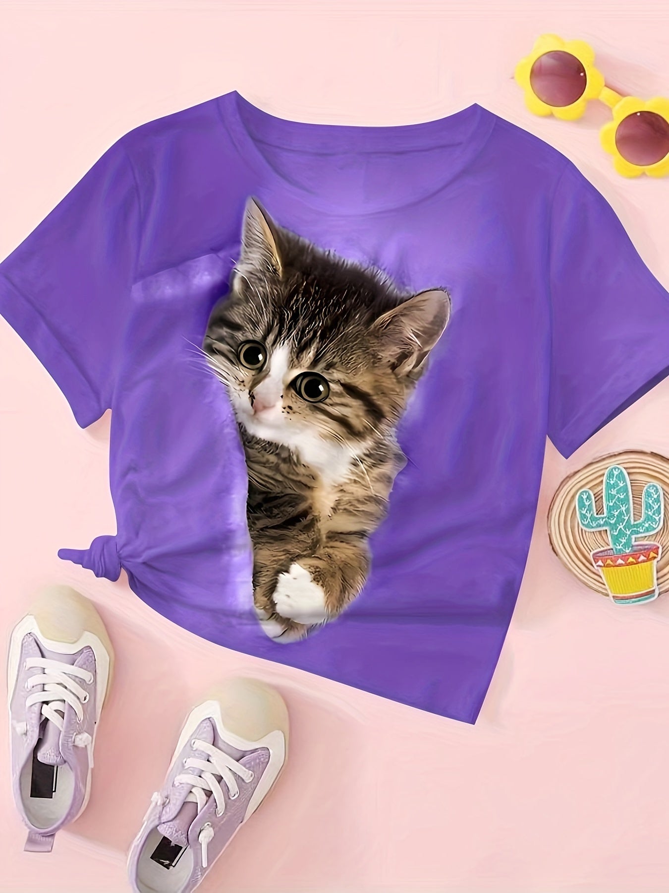 Cat Print Short Sleeve T Shirt Girls