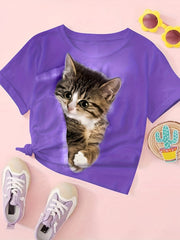 Cat Print Short Sleeve T Shirt Girls
