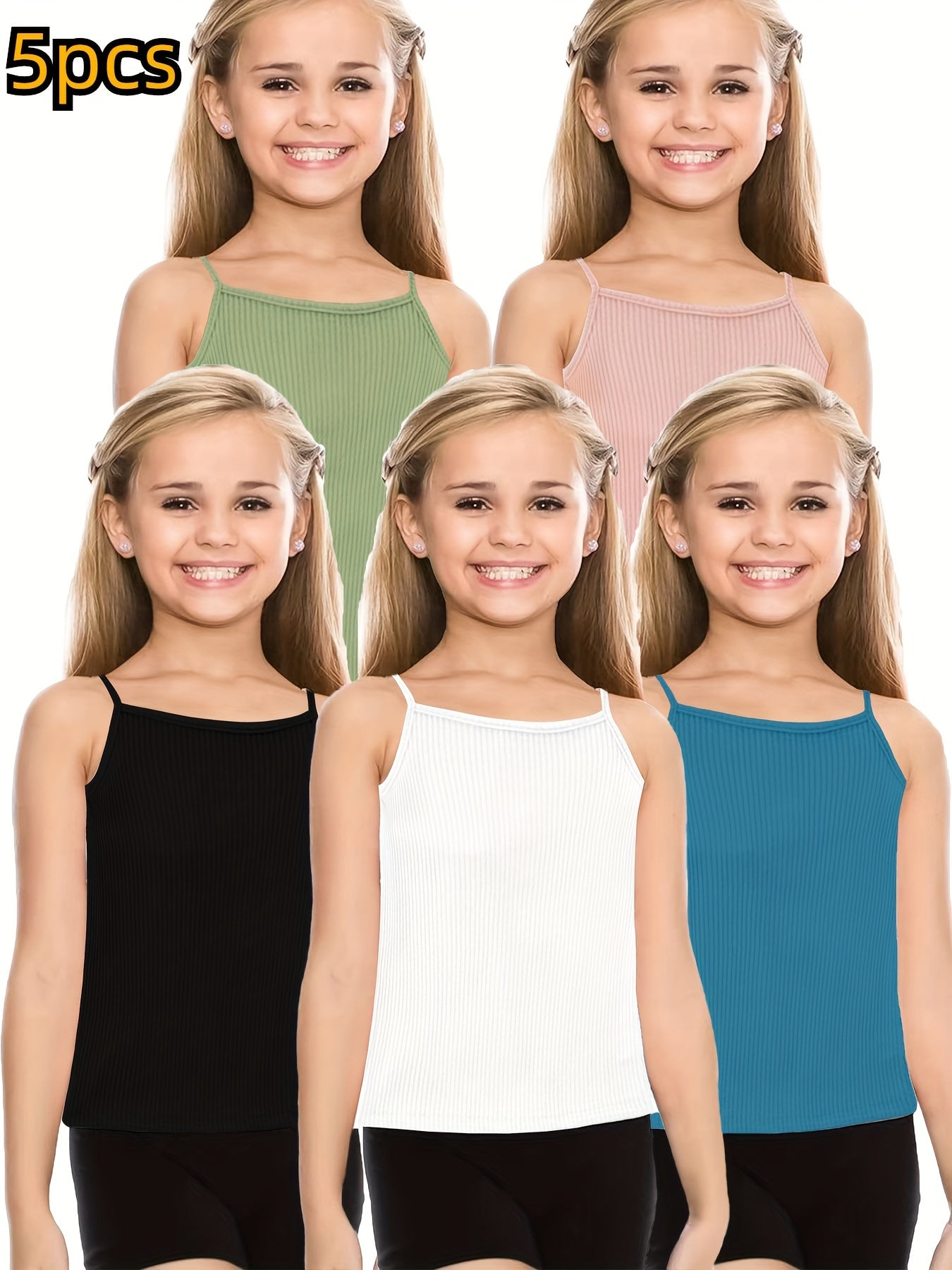 5pcs Girls Solid Cami Top Set - Comfy Tops For Everyday Outdoor Gift Sports