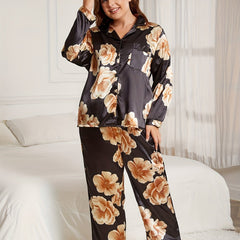 Satin Floral Print Pajama Set Button Up Shirt & Pants