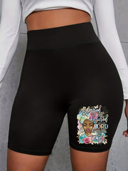 Casual Shorts Women's Plus Figure & Letter Print High Rise Biker Short