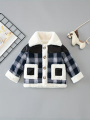 Boys Fleece Jacket Plaid Stitching Leather Winter Coat