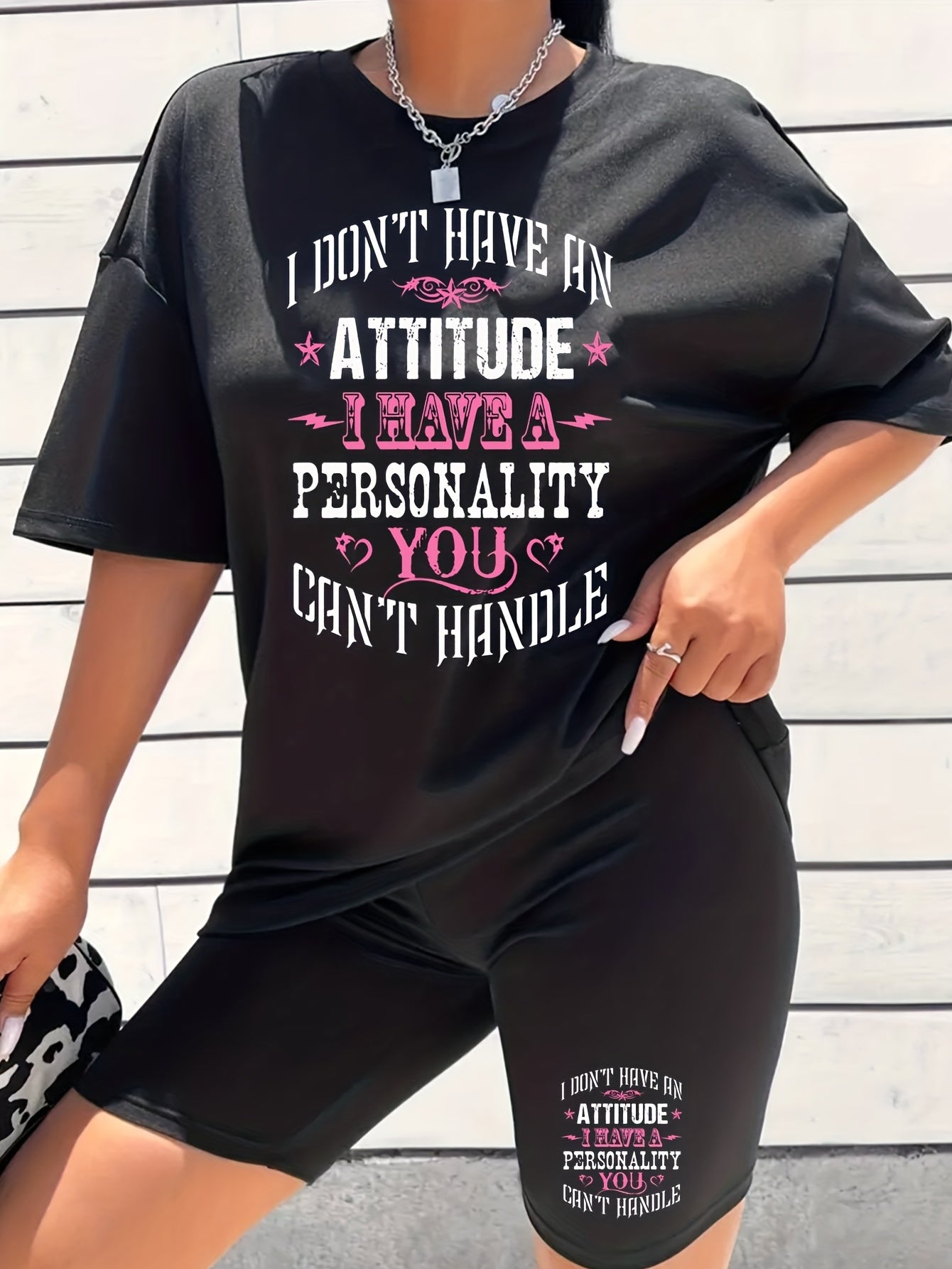 Letter Print Matching Two piece Set Casual Short Sleeve T shirt & Yoga Shorts
