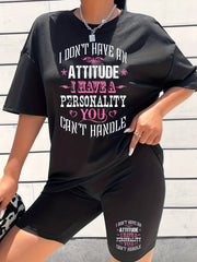 Letter Print Matching Two piece Set Casual Short Sleeve T shirt & Yoga Shorts