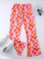 Floral Print High Waist Flare Leg Pants Elastic Waist Pants