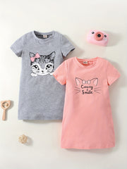 Toddler Girls Cat Graphic Cotton T-Shirt Dress Set