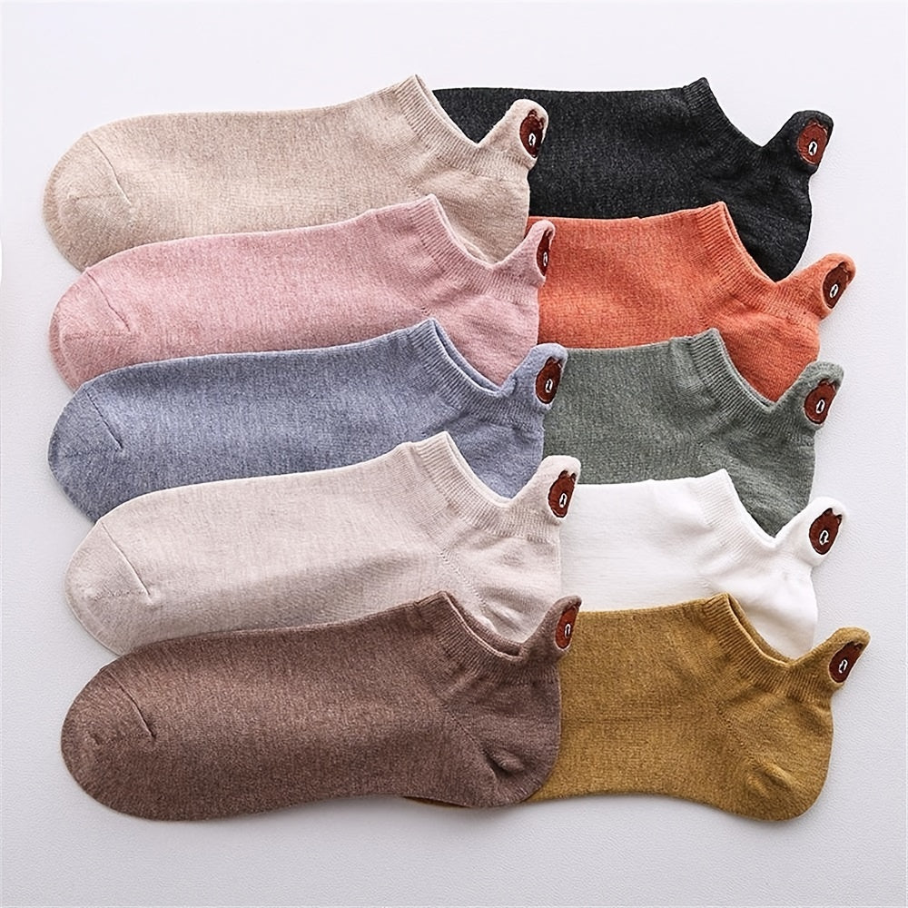 10 Pairs Soft Ankle Socks Teddy Bear Embroidered Cotton Solid Women's Stockings