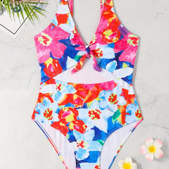 Floral Print V Neck One Piece Swimsuit