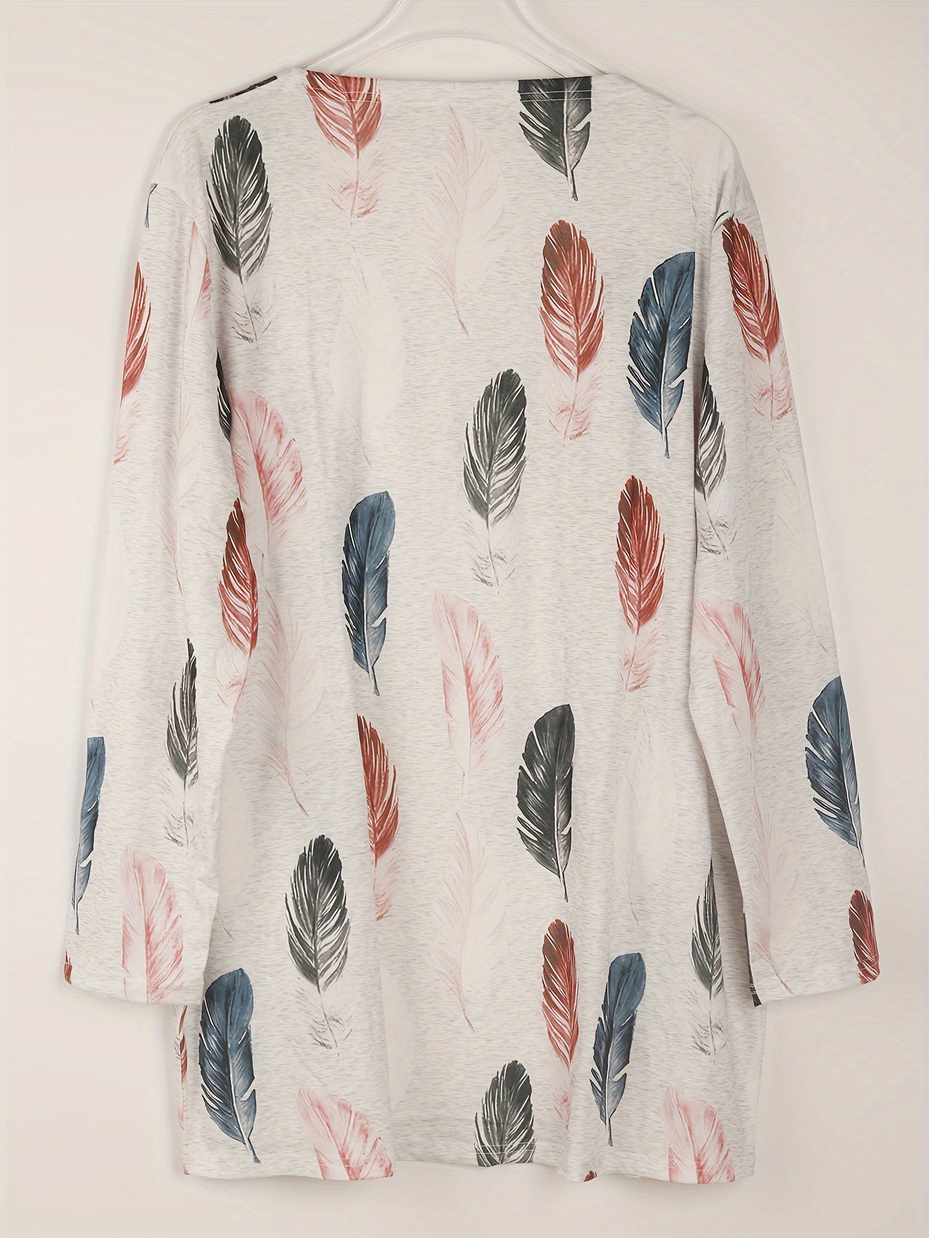 Feather Print Open Front Cardigan With Pockets