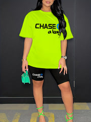Casual Letter Print Two piece Set Crew Neck Tee & Slim Shorts