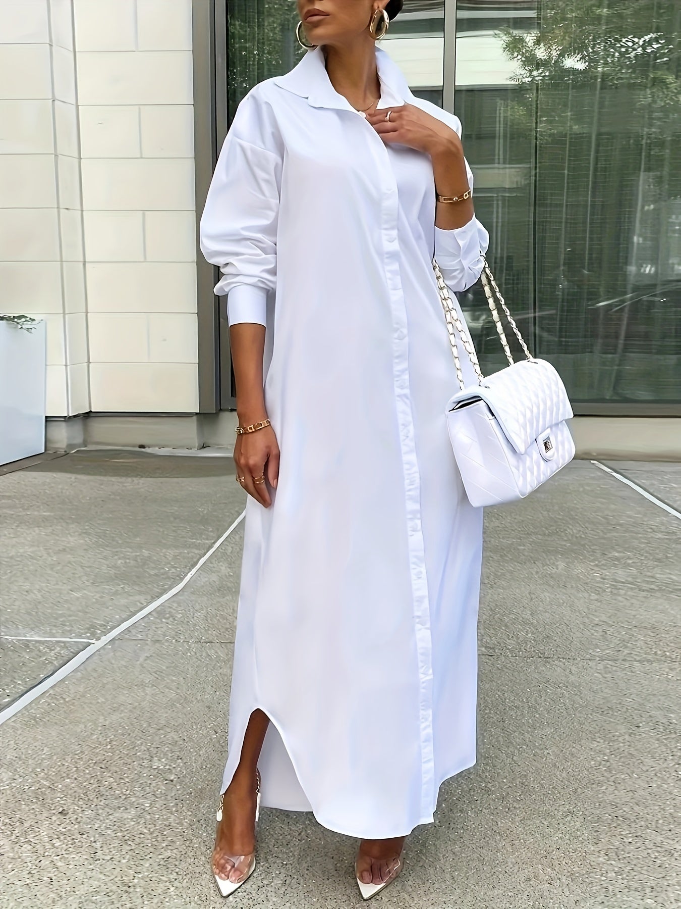 Solid Button Up Long Sleeve Shirt Dress