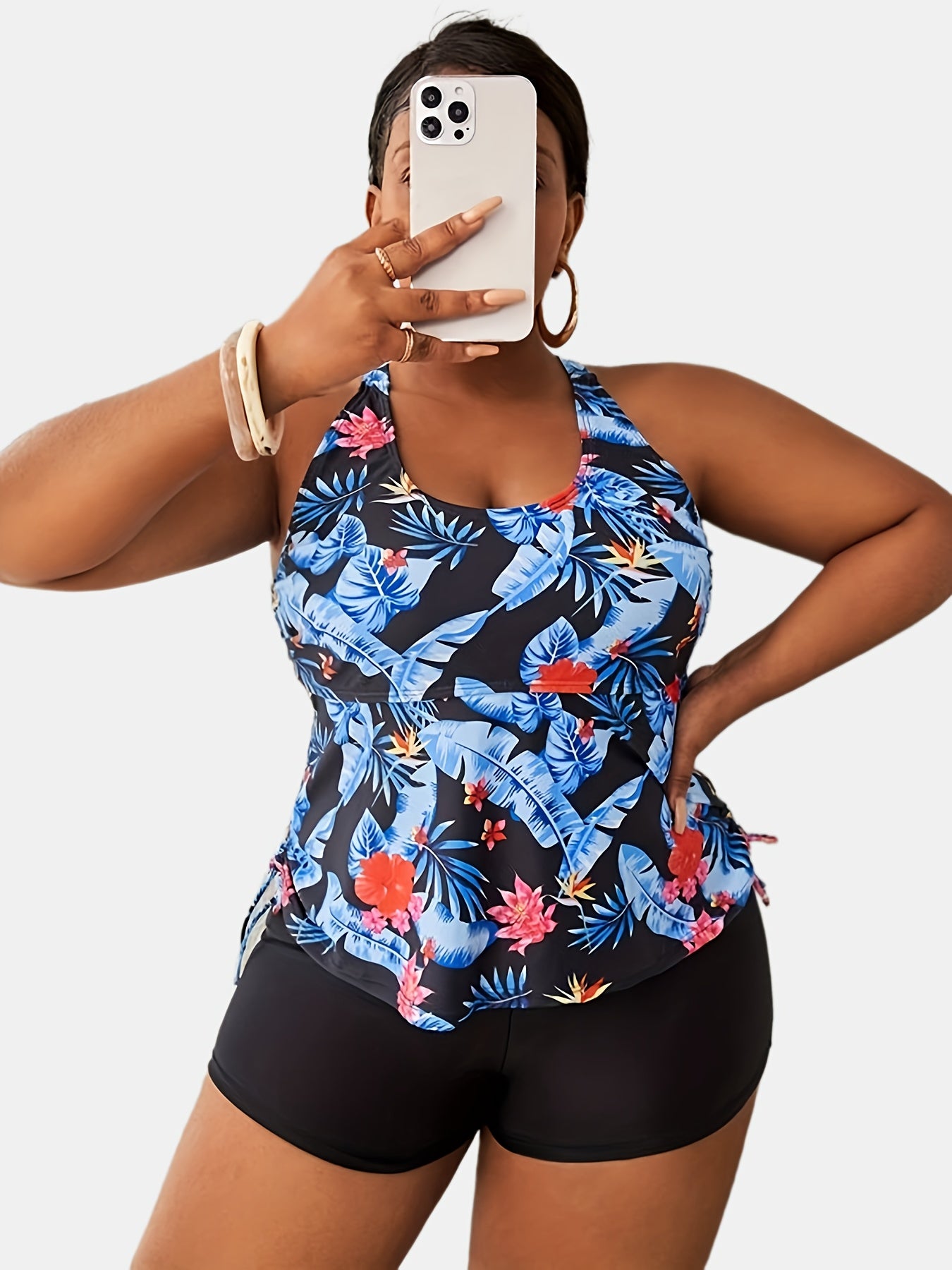 Tropical Print Tankini Set with Drawstring Top & Shorts