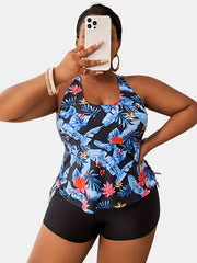 Tropical Print Tankini Set with Drawstring Top & Shorts