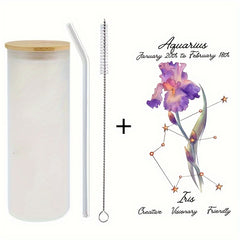 Glass Water Cup With Flower Sticker Straw And Brush DIY