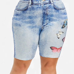 Butterfly Print High Rise Legging Shorts Women's Plus Casual Biker Shorts