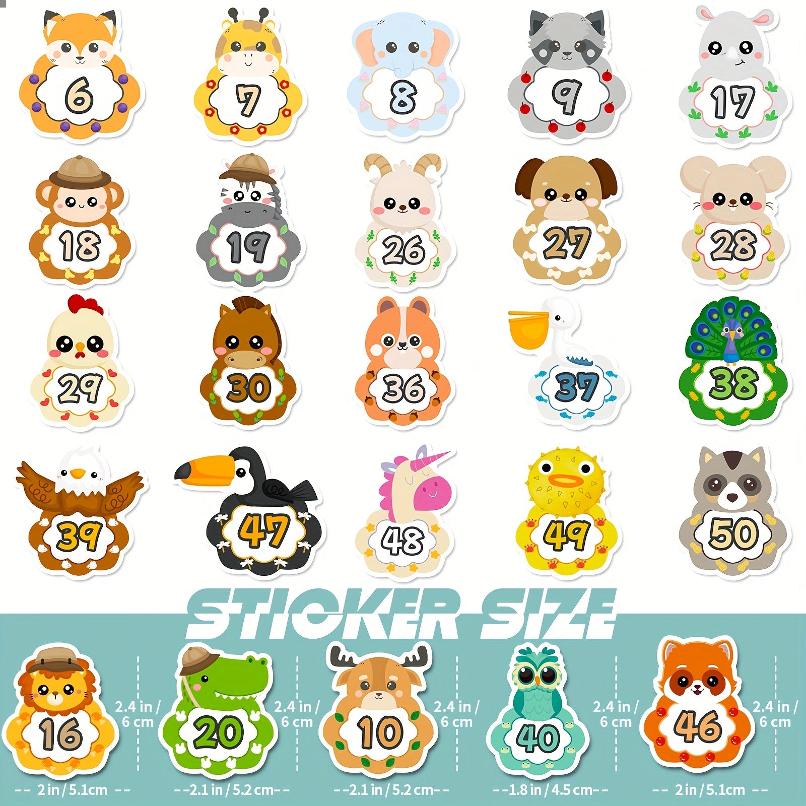50PCS Cartoon Animal Baby Number Stickers Educational Decals