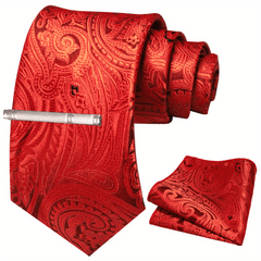 Floral Tie And Pocket Square Set With Tie Clip