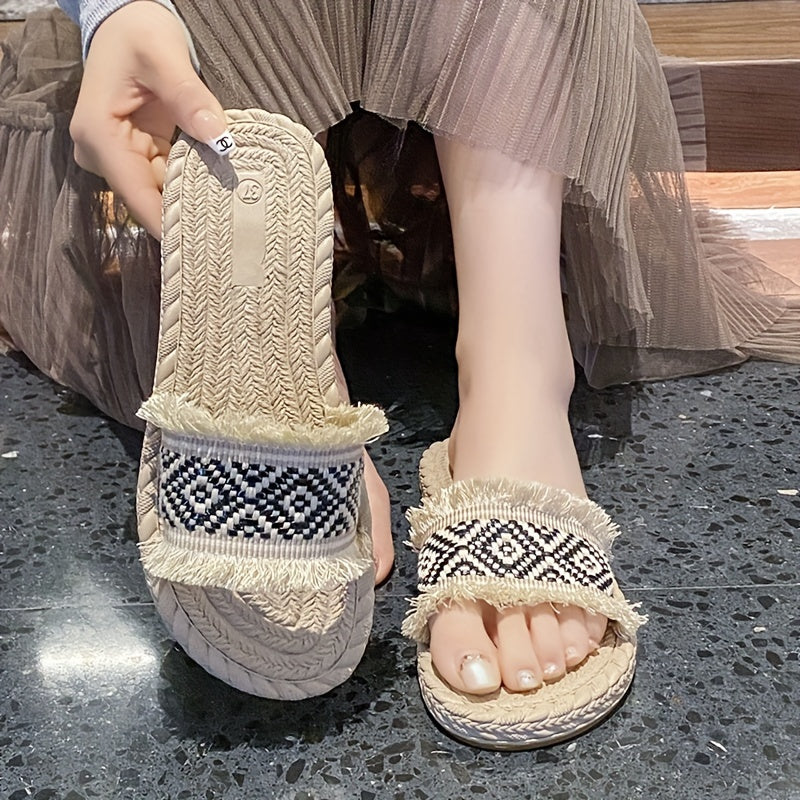 Women's Argyle Pattern Straw Slippers Sandals Open Toe Comfy Flat Slides