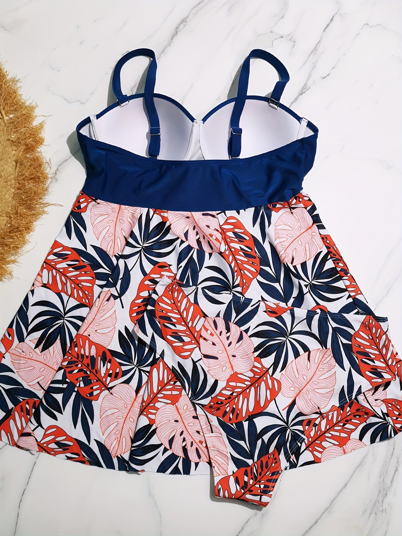 Contrast Leaf Print Tankini Set
