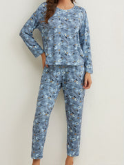 Crown Print Pajamas Set Long Sleeve Top & Pants Sleepwear Women