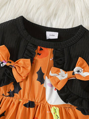 Halloween Baby Girls Long Sleeve Dress Cartoon Animal Print