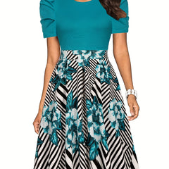Vintage Floral Crew Neck Dress Short Sleeve Party Dress