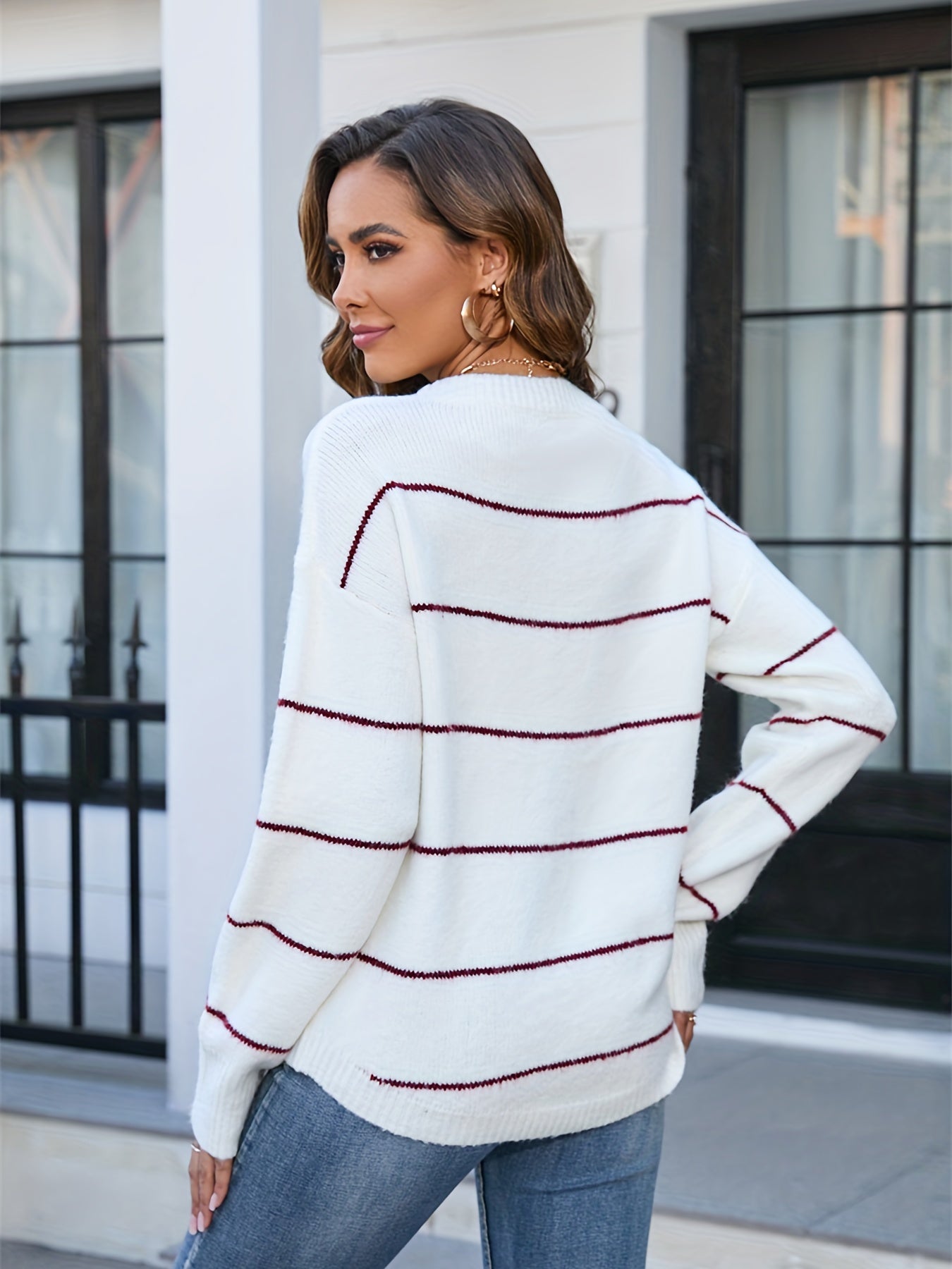 Striped Crew Neck Sweater Long Sleeve Pullover Sweater for Fall & Winter