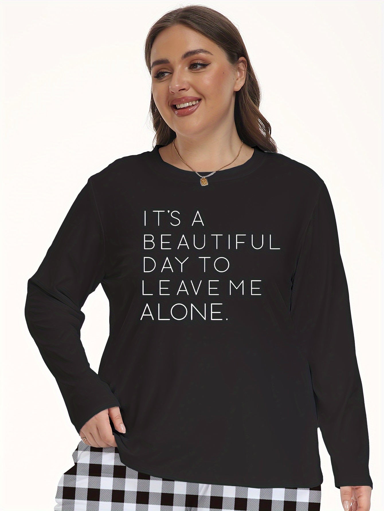 Women's Slogan Print Pajama Top Long Sleeve Round Neck Loungewear