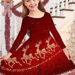 Girls Reindeer Graphic Long Sleeve Dress for Spring Fall