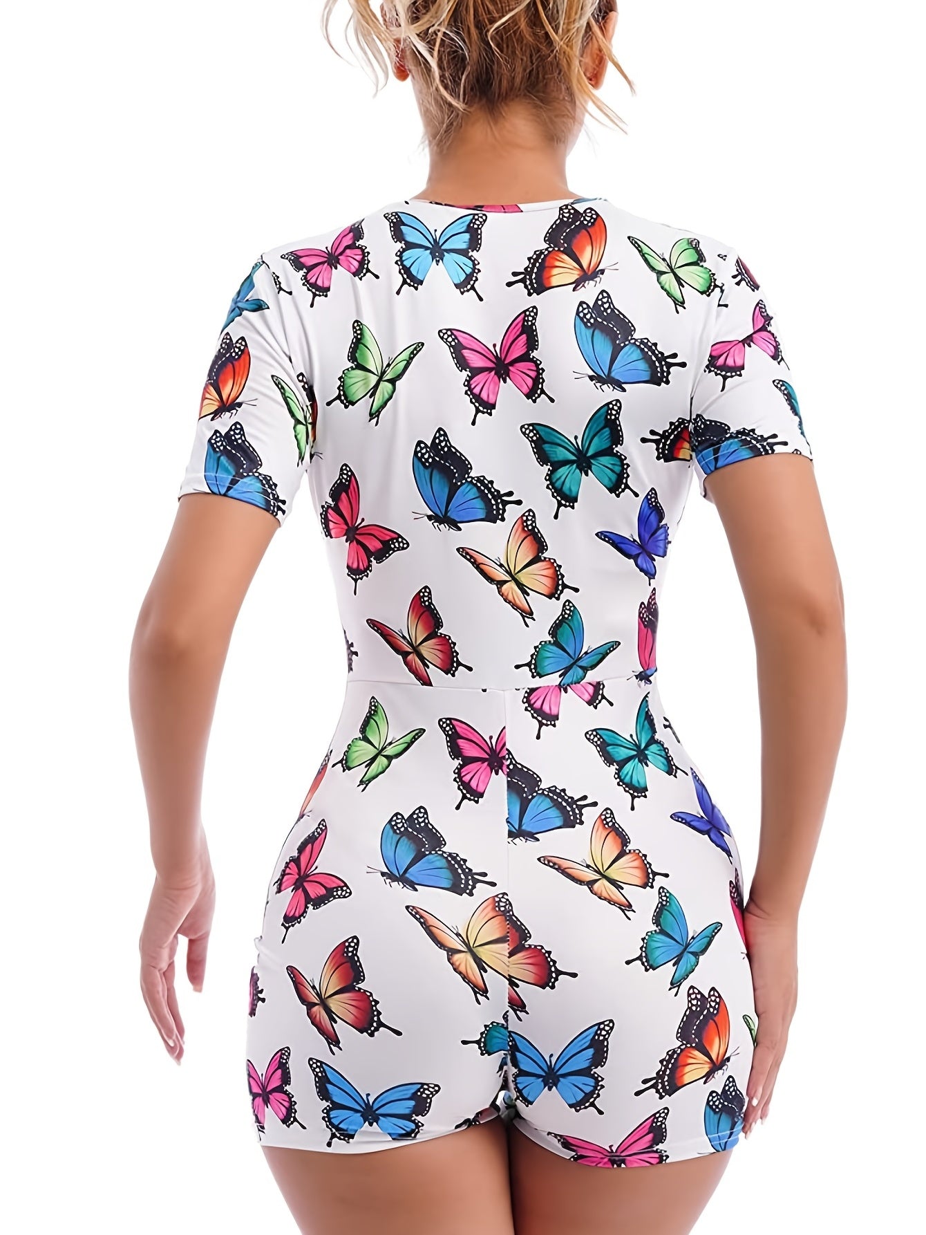 Colorful Butterfly Print Lounge Bodysuit Short Sleeve Romper