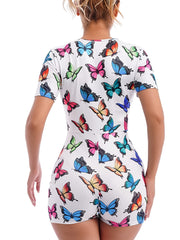 Colorful Butterfly Print Lounge Bodysuit Short Sleeve Romper
