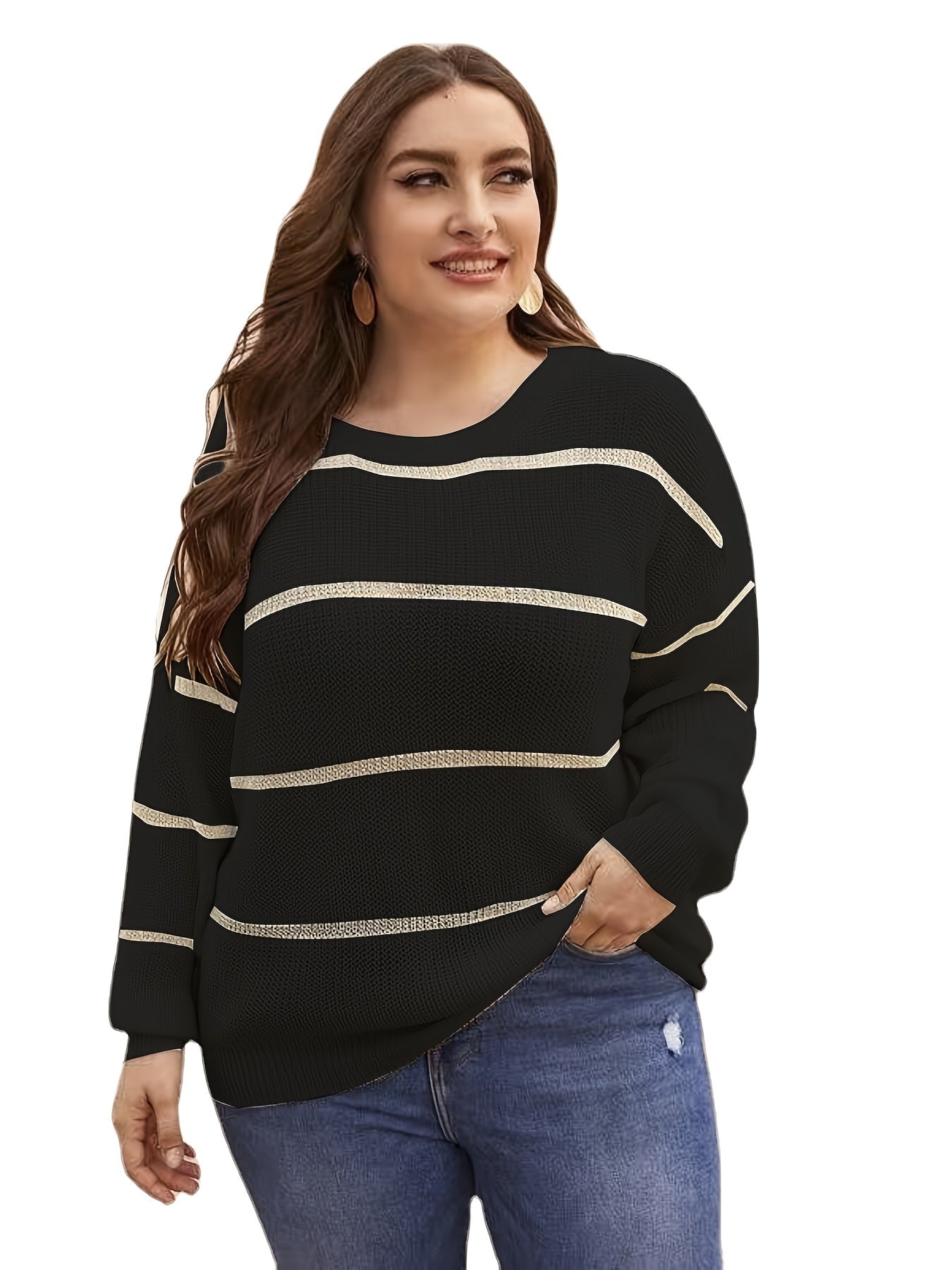 Striped Round Neck Sweater High Stretch