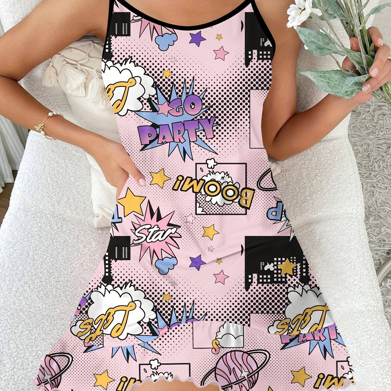 Letter Print Nightdress Spaghetti Strap Sleep Dress Women's Sleepwear