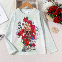 Floral & Skull Print Kid's Pullover Long Sleeve Top for Fall