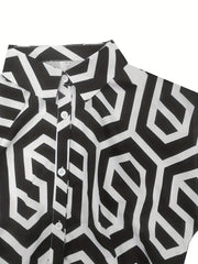 Print Drawstring Waist Jumpsuit Short Sleeve Button Jumpsuit