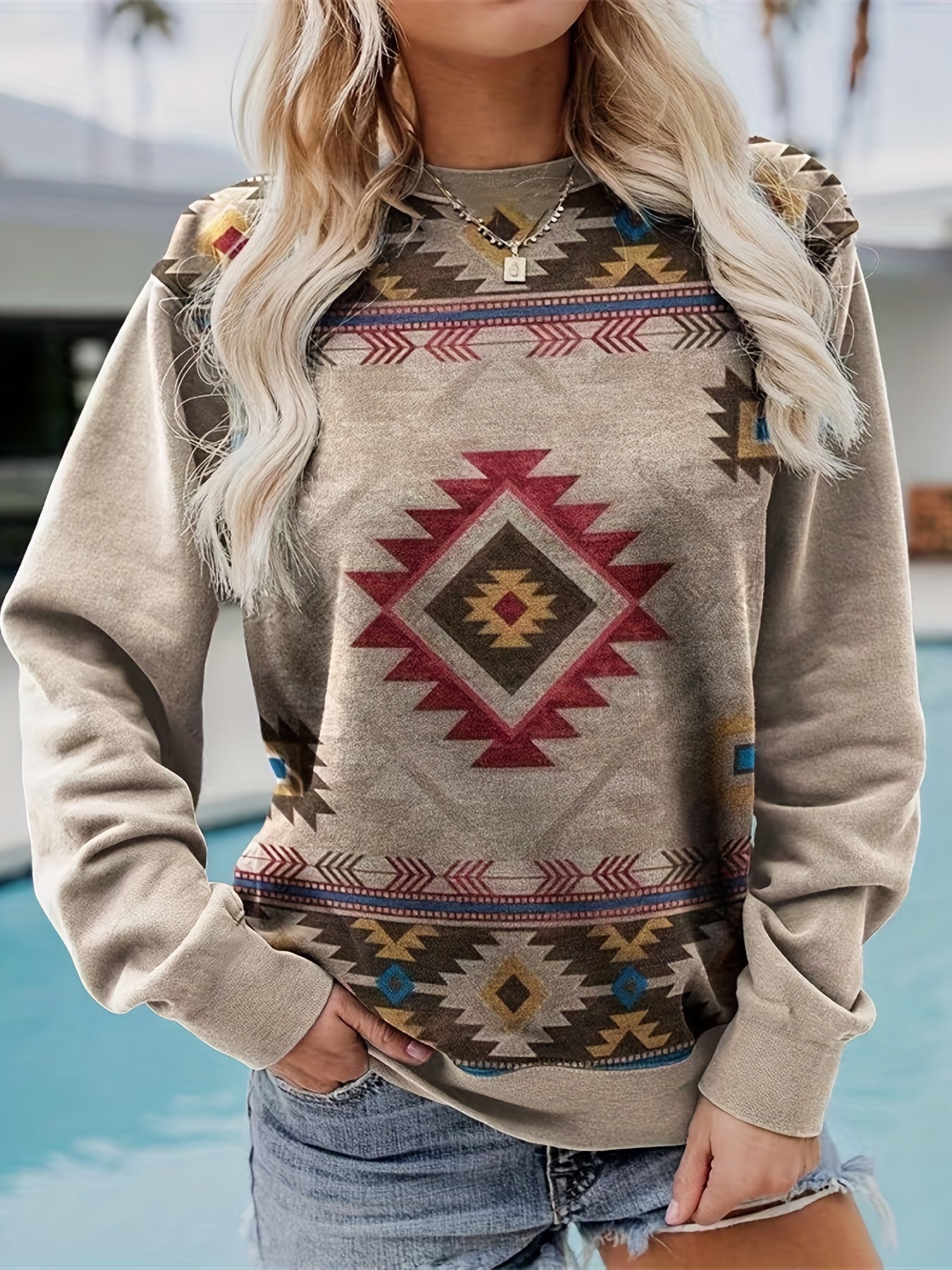 Vintage Ethnic Print Pullover Sweatshirt Long Sleeve Crew Neck
