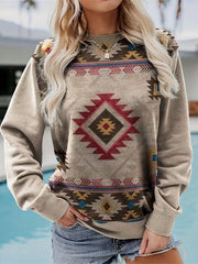 Vintage Ethnic Print Pullover Sweatshirt Long Sleeve Crew Neck