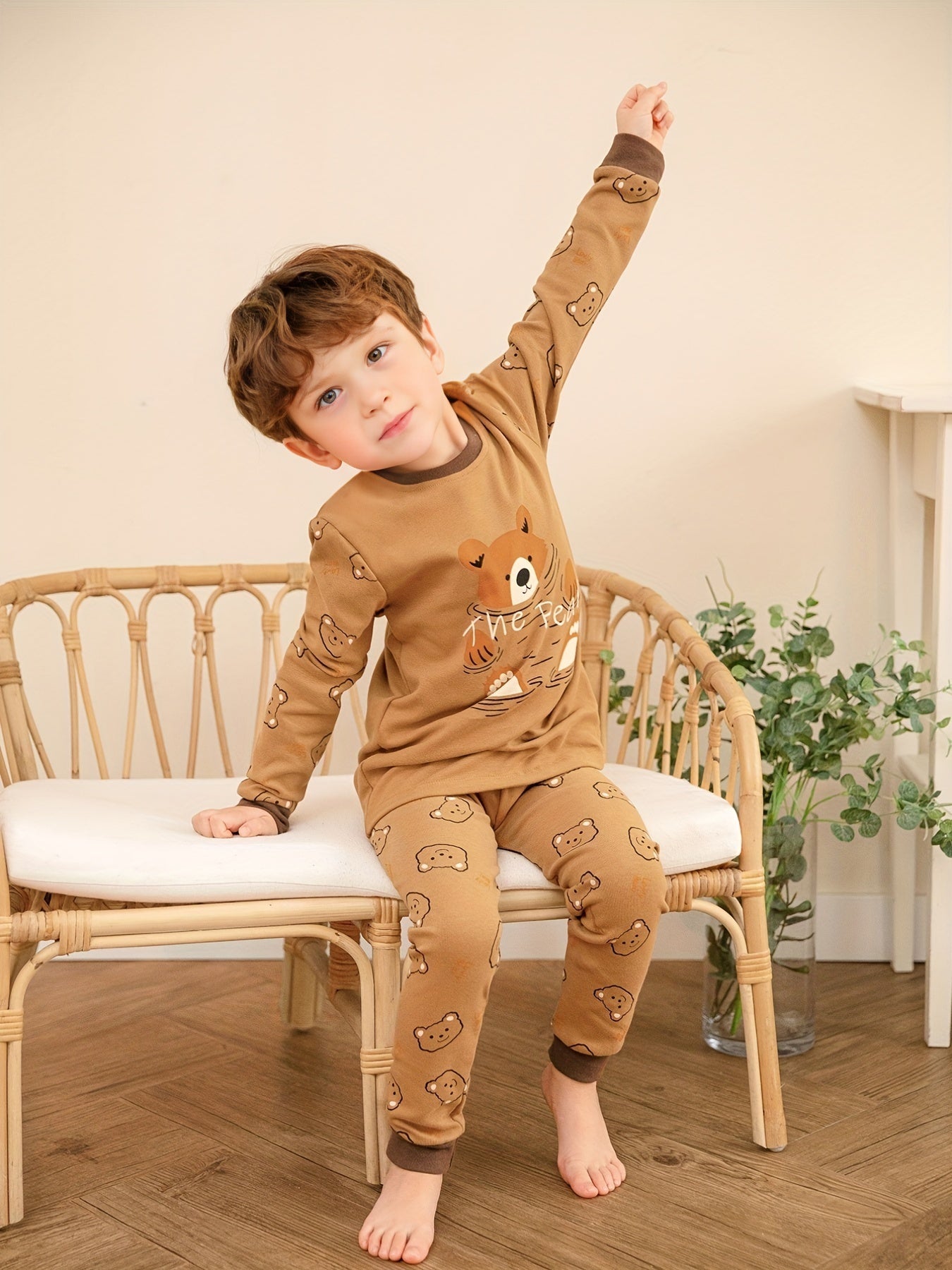 Boys Bear Print Long Sleeve Top & Trousers Cotton Pajamas Set
