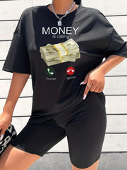 2pcs Money Graphic Crew Neck T-shirt & Solid Shorts Women's Activewear Set
