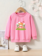 Bear Doll Print Girls Pullover Sweatshirt Long Sleeve Crew Neck Tops