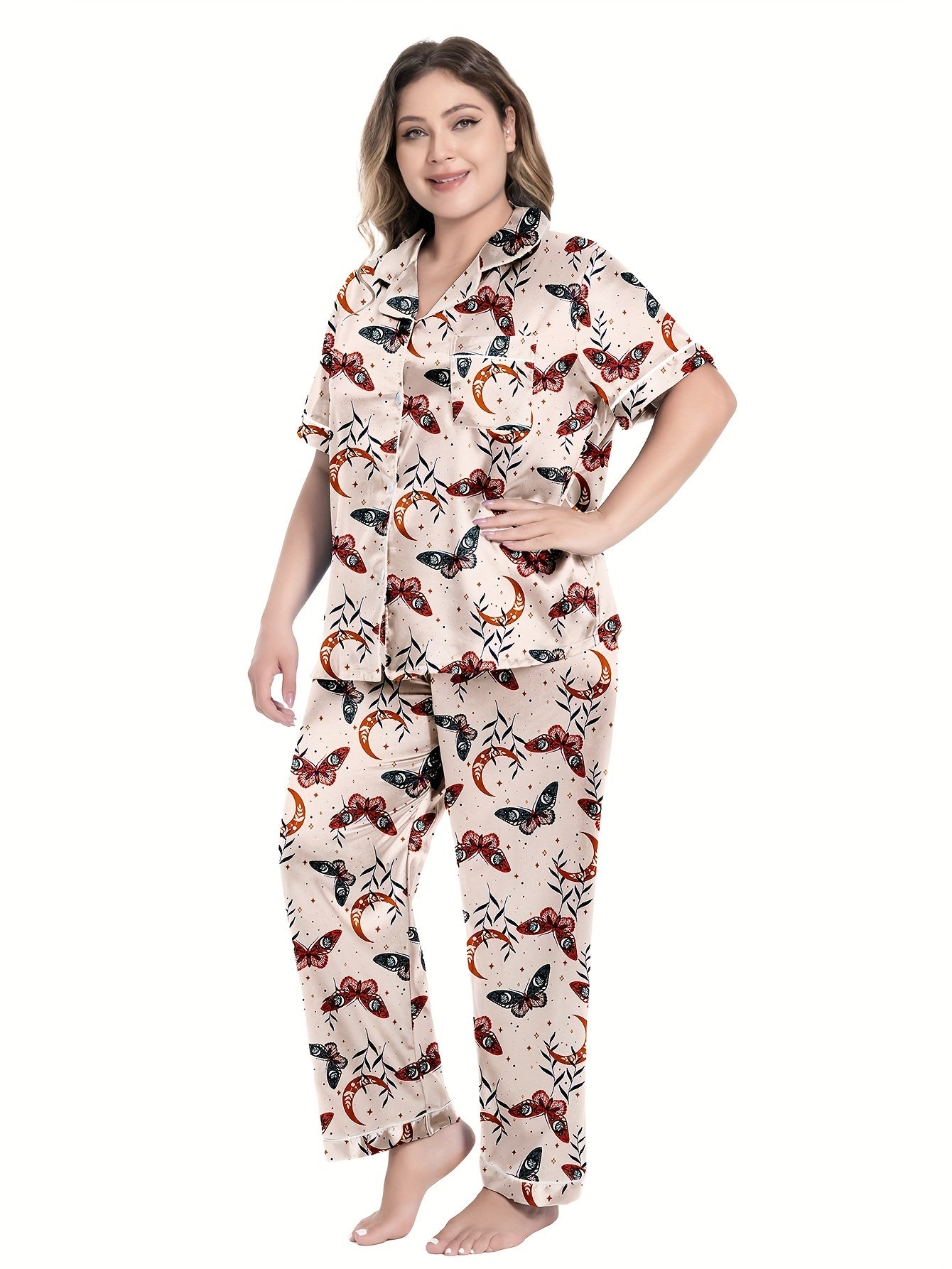 Retro Pajamas Set Women's Plus Butterfly & Moon Print Satin Shirt