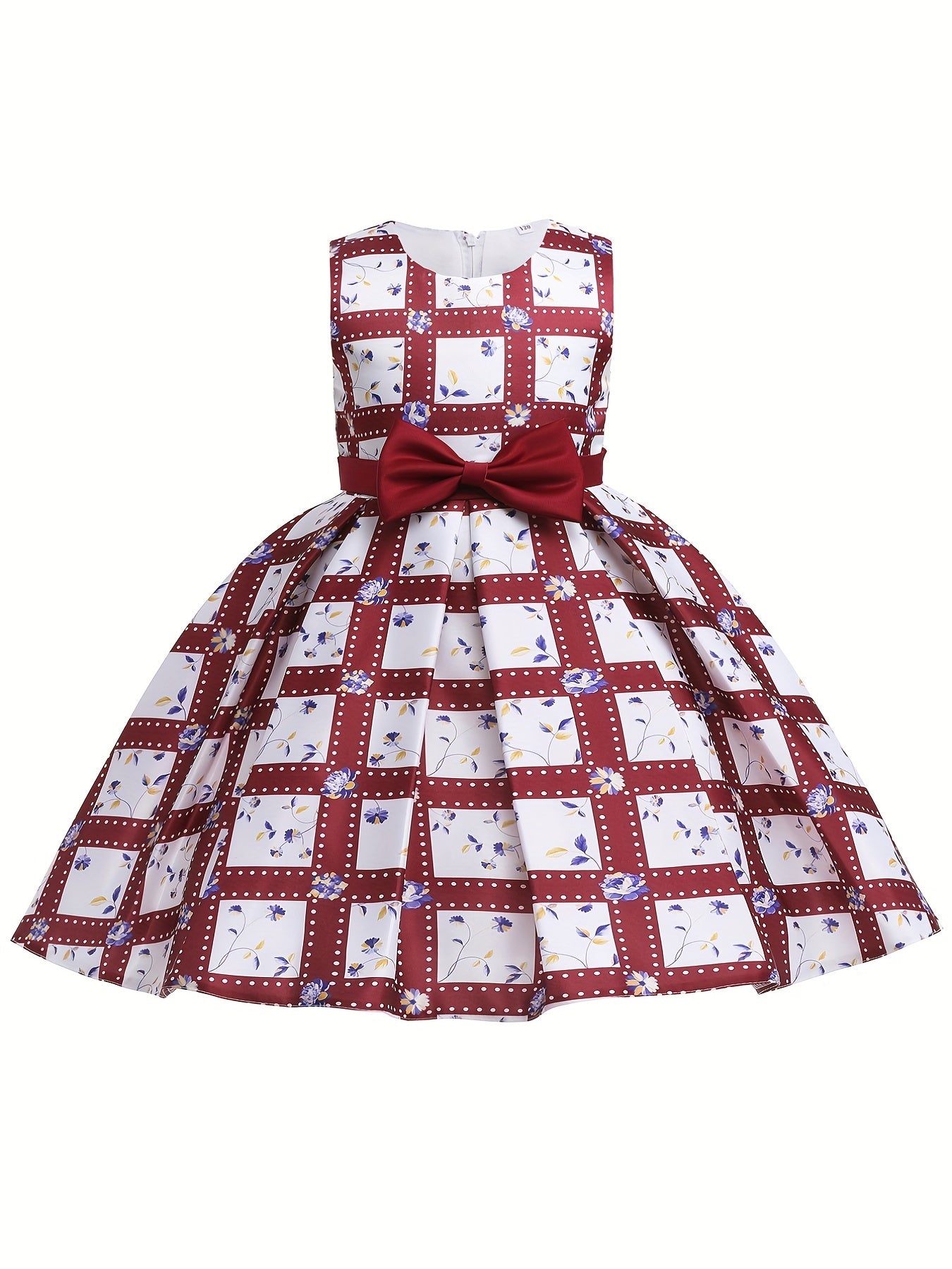 Girls Satin Flower Print Princess Dress Bow Front Evening Dress