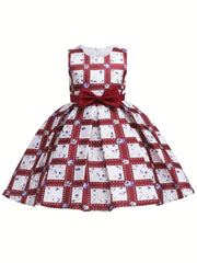 Girls Satin Flower Print Princess Dress Bow Front Evening Dress
