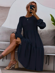 Tiered Solid Dress Casual Crew Neck Lantern Sleeve Dress