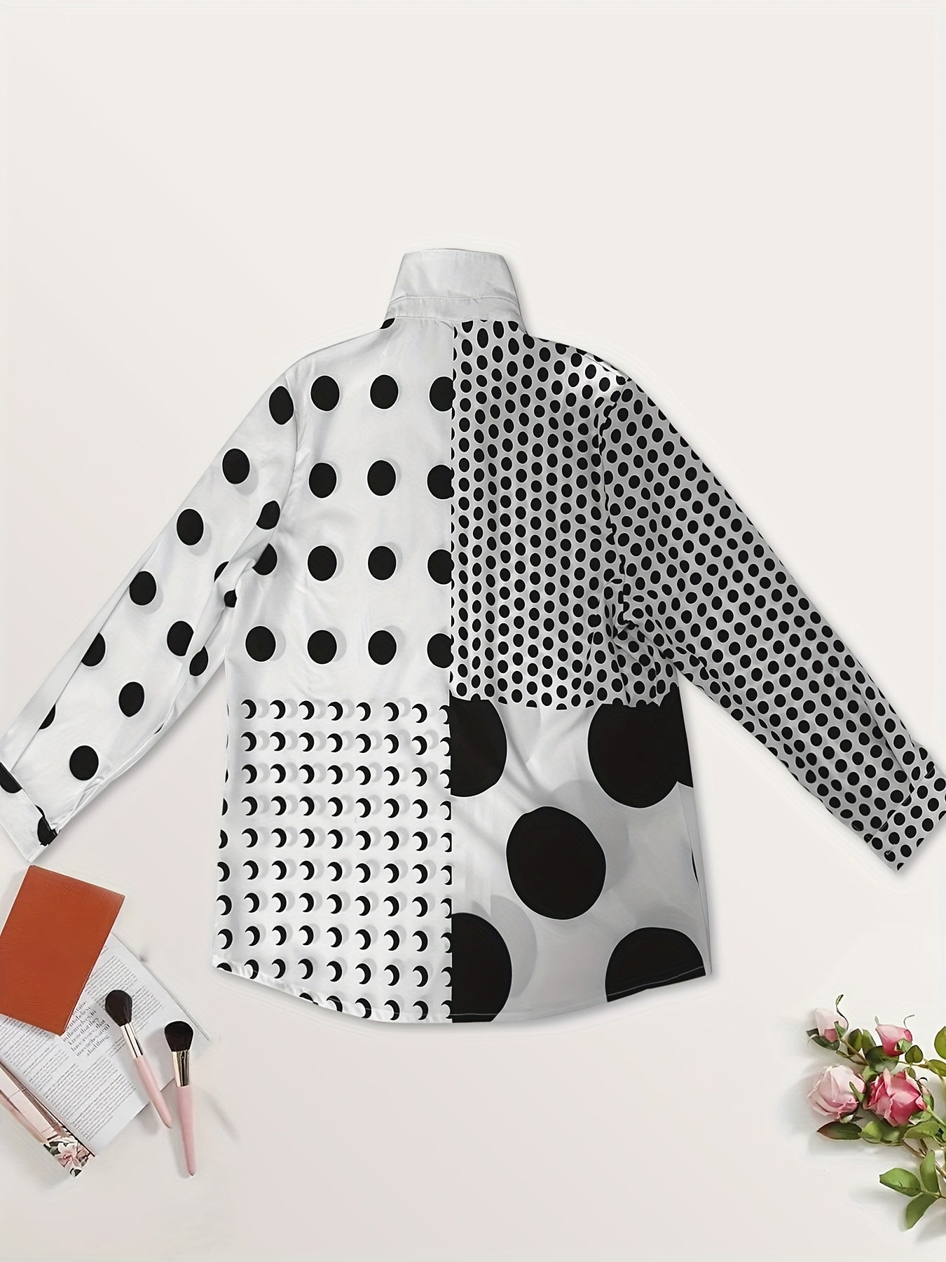 Colorblock Dot Moon Print Long Sleeve Button Up Shirt