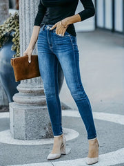 Solid Button Fly High Rise Medium Stretch Skinny Jeans