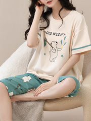 Bunny & Moon Print Pajama Set Short Sleeve Top & Cozy Crop Pants