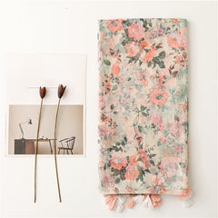 Women's Linen Pink Floral Print Fringe Scarf