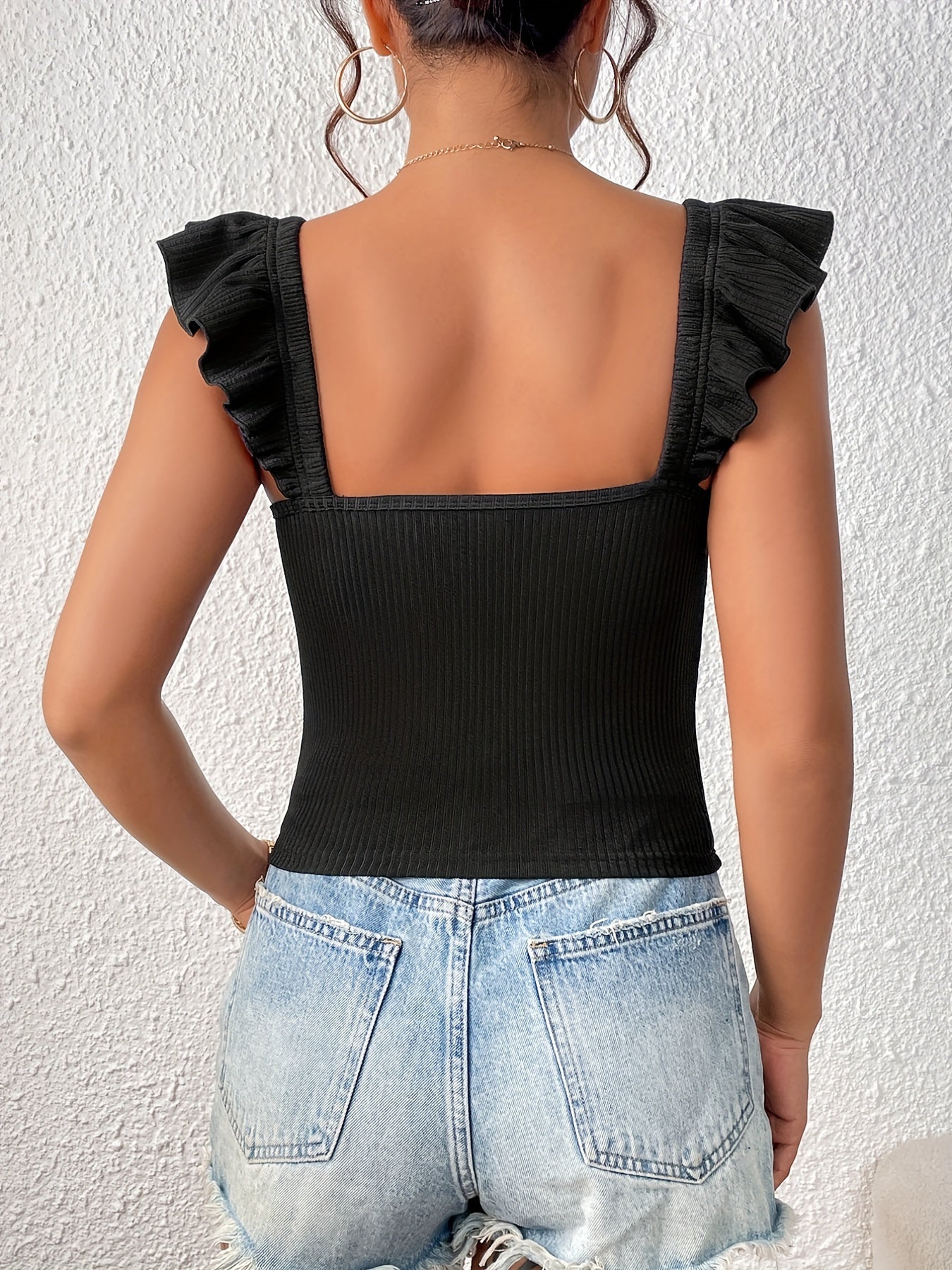Ruffle Trim V Neck Tank Top Sleeveless Ruched Tank Top