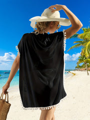 Chiffon Pom Pom Kaftan Beach Swimsuit Cover Up Scoop Neck Batwing Dress